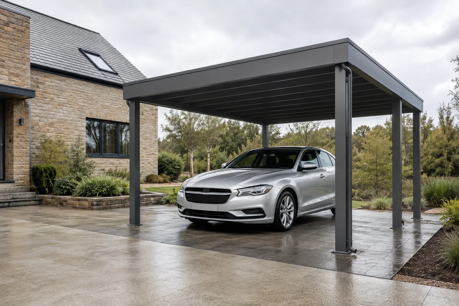 Freestanding graphite carport with a fixed roof beside a stone house; application visual