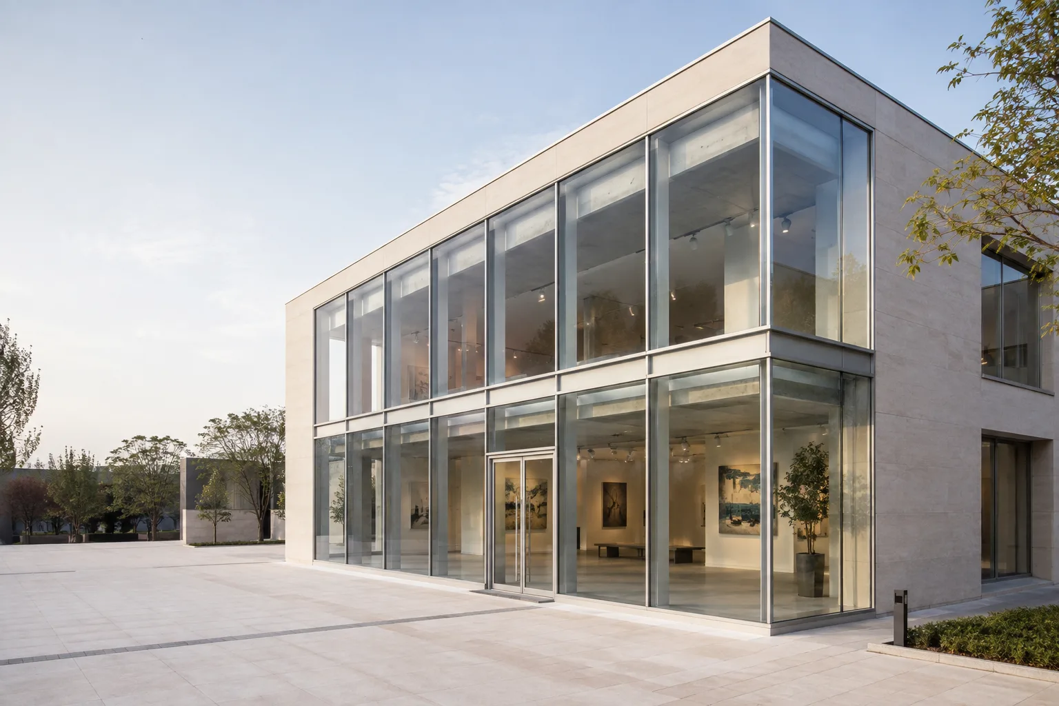 Silver-framed glass facade around a two-storey gallery corner; application visual