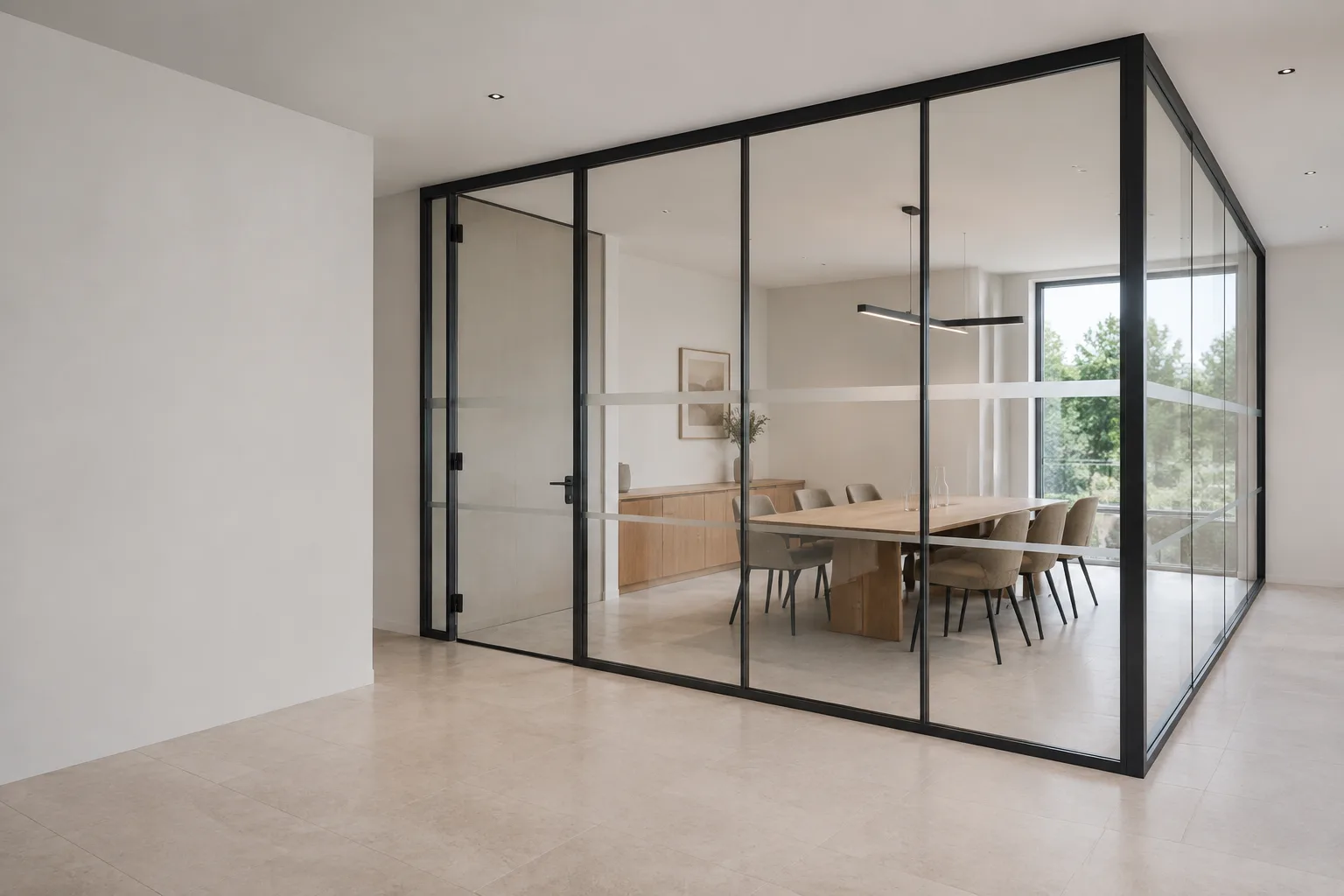 Aluminum-framed glass meeting-room partition and hinged door beside a pale office wall; application visual