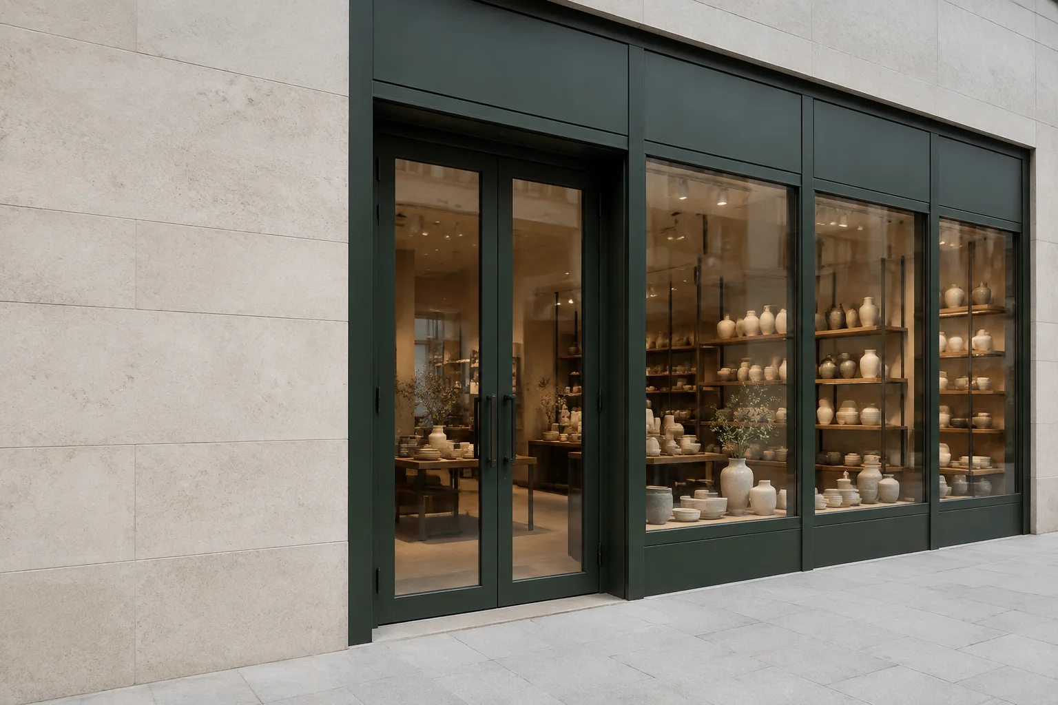 Ceramics storefront with dark green frames, paired glazed entrance doors and display windows beside a pale stone wall
