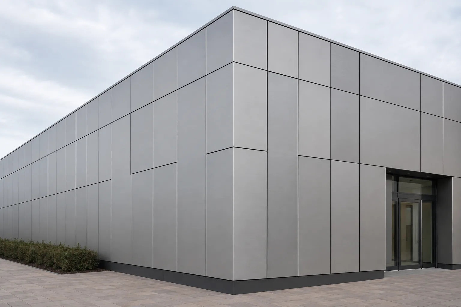 Application visual of an opaque aluminium panel facade with visible panel divisions and a building corner