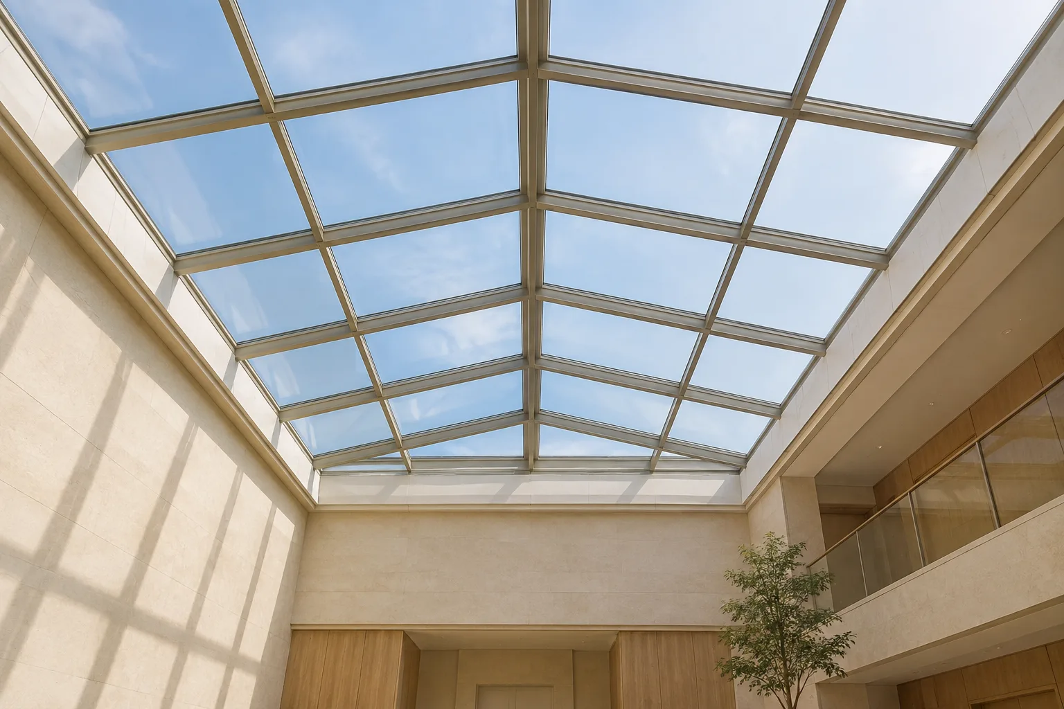 Application visual of a multi-bay glazed atrium roof and its supporting frame