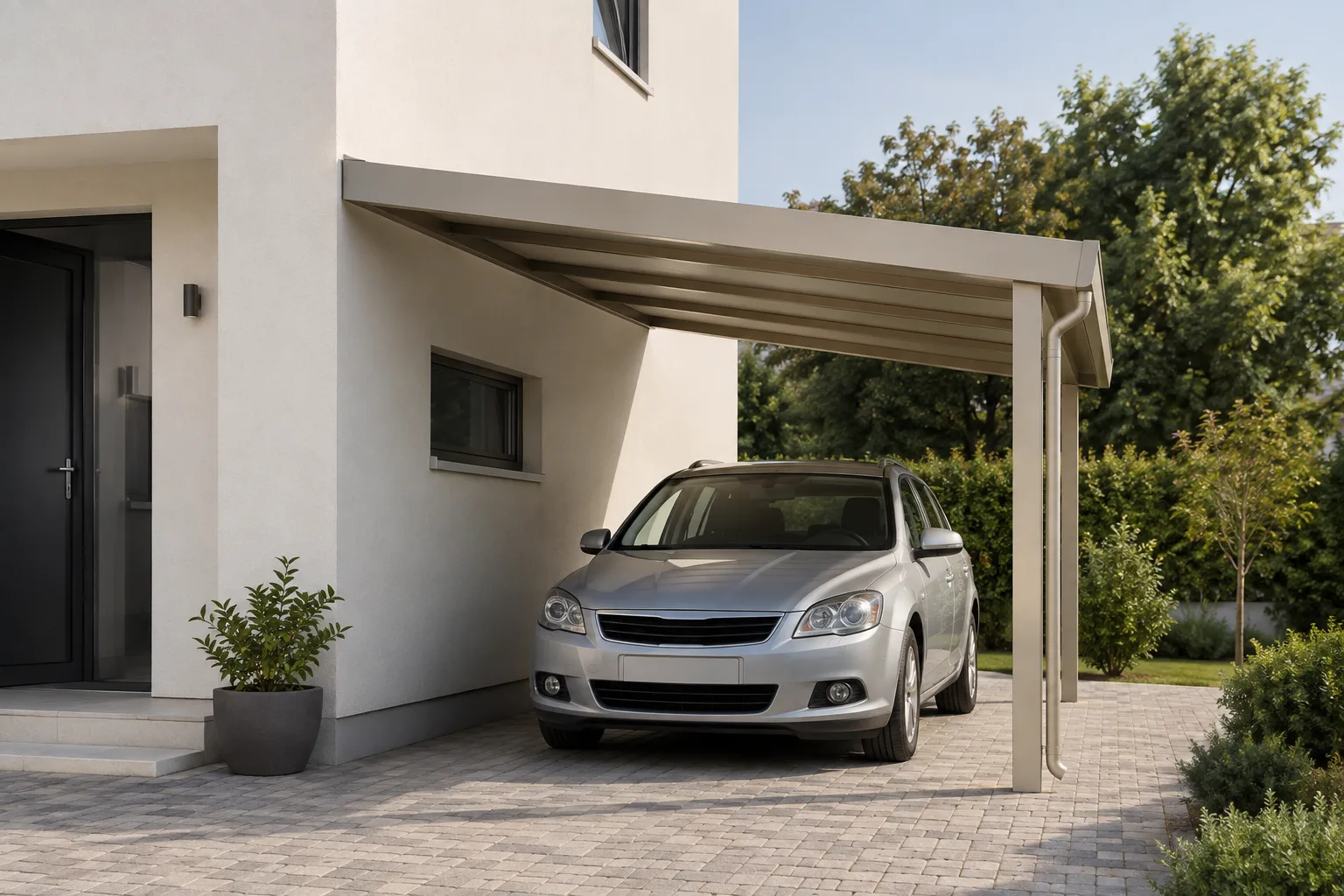 Application visual of a carport roof positioned alongside and connected to a building wall