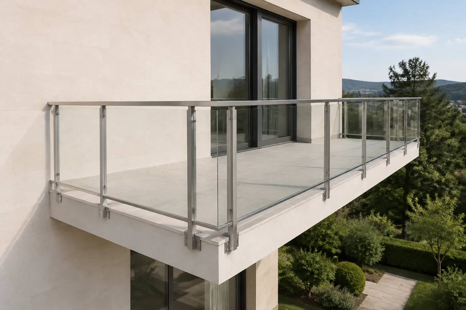 Application visual of glass infill and aluminium framing along a balcony edge