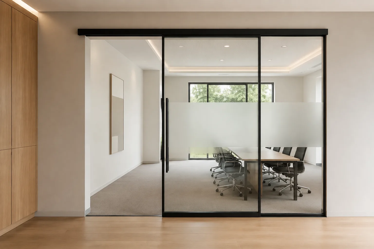 Application visual of a sliding glass door within an aluminium-framed interior partition