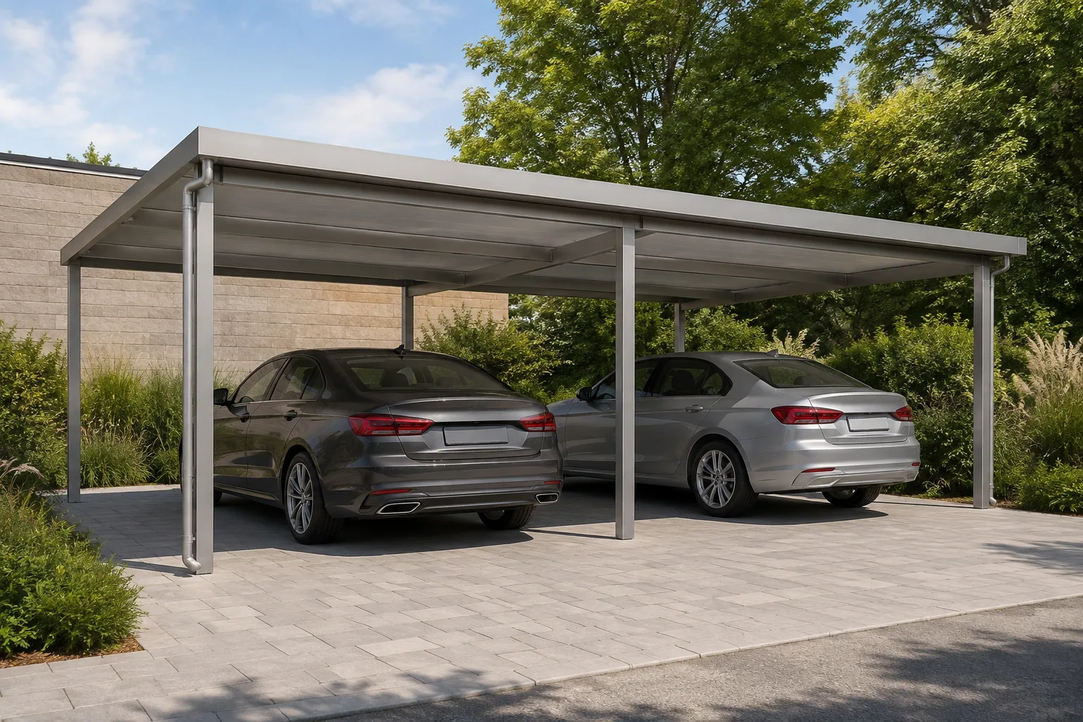 Application visual of linked carport bays with a continuous parking layout