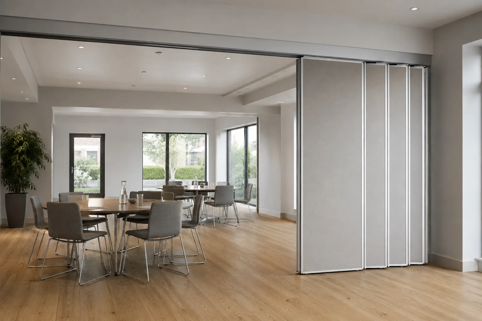 Application visual of movable partition panels gathered to one side beneath an overhead track
