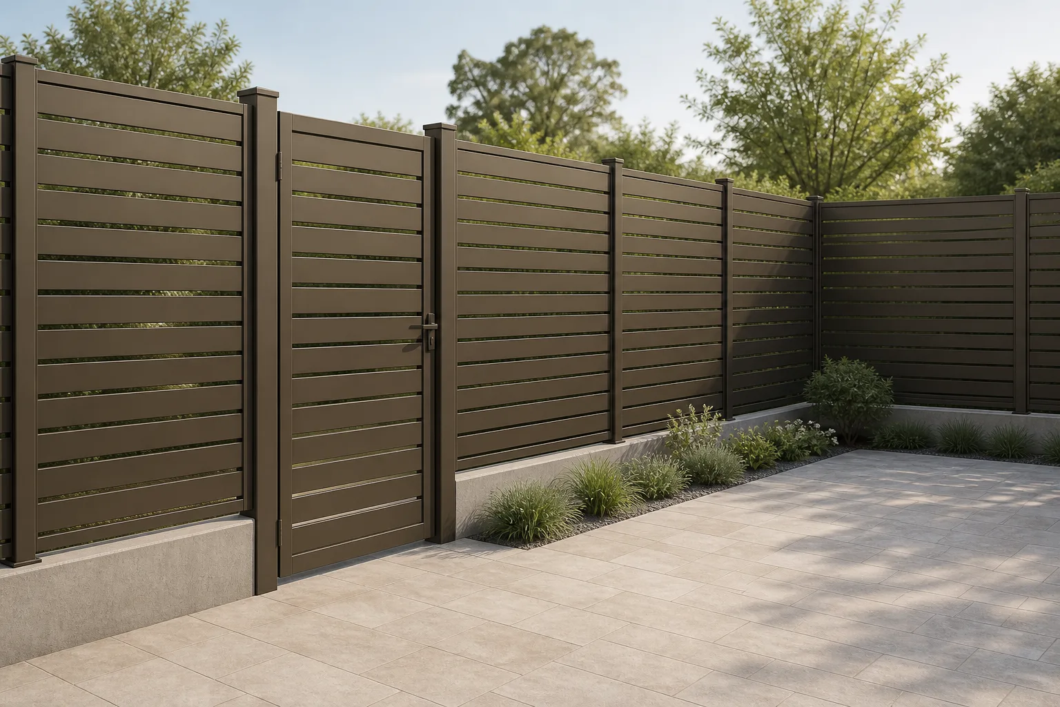 Application visual of an aluminium privacy fence along a garden boundary