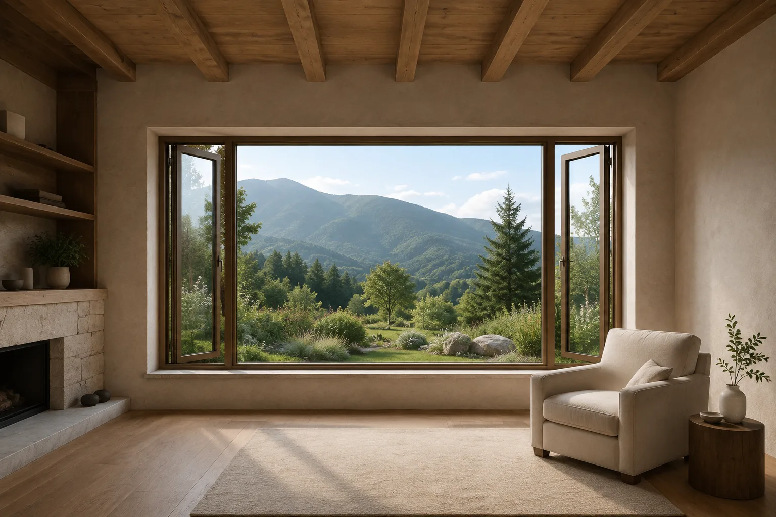 Bronze window combination in a timber-beamed room, with fixed centre glazing, opening side sashes, a mountain view and an armchair to the right