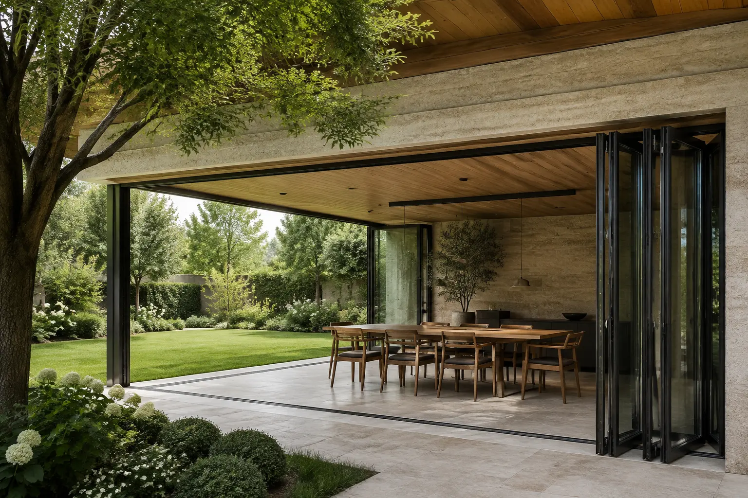 Garden-facing dining room with black folding door panels stacked to the right, showing the table, open passage and floor track