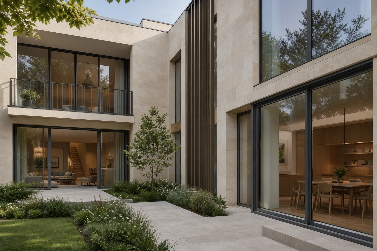 Courtyard residence with dark-framed glazing across two levels