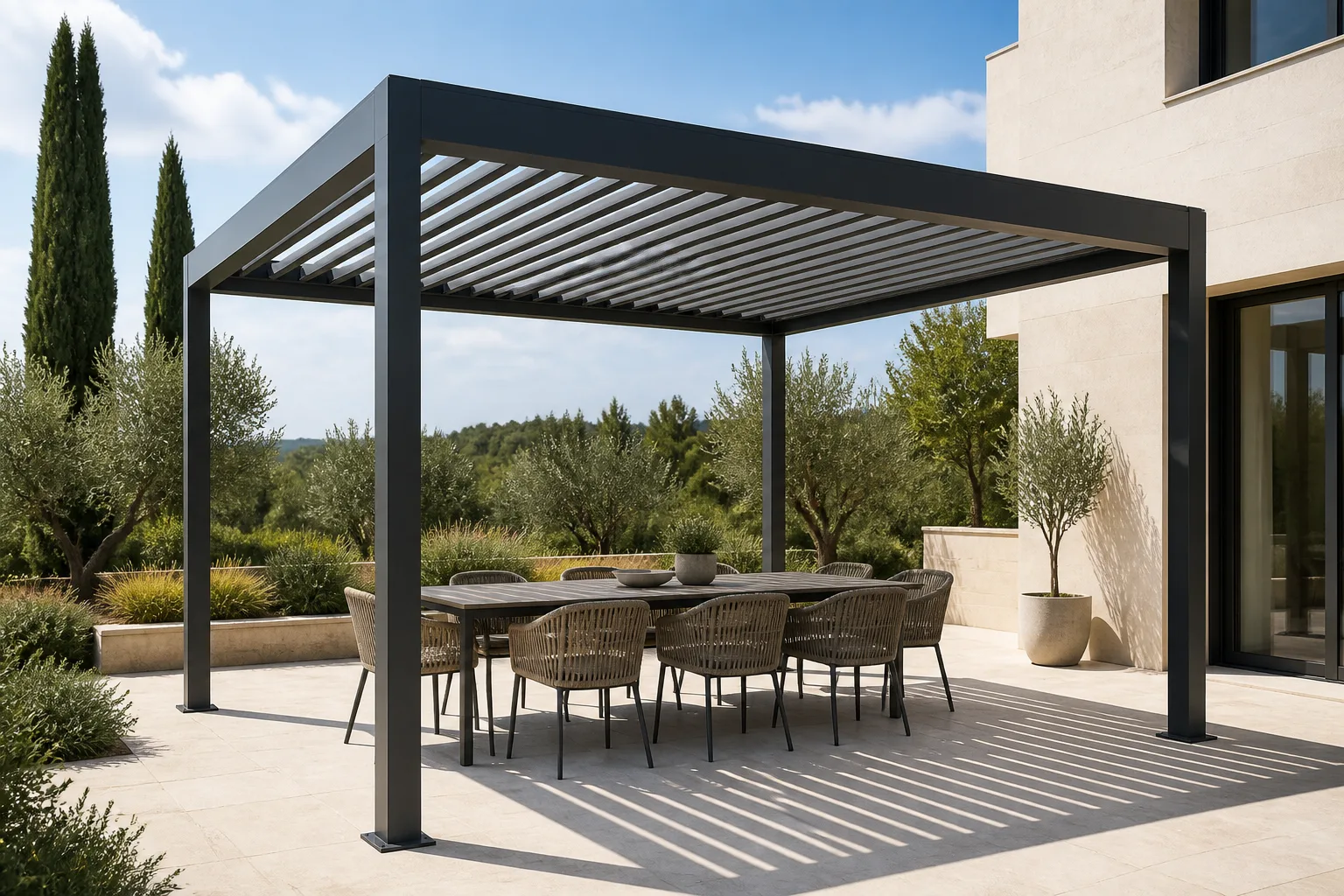 Dark grey freestanding pergola with a slatted roof, visible corner posts and an outdoor dining table