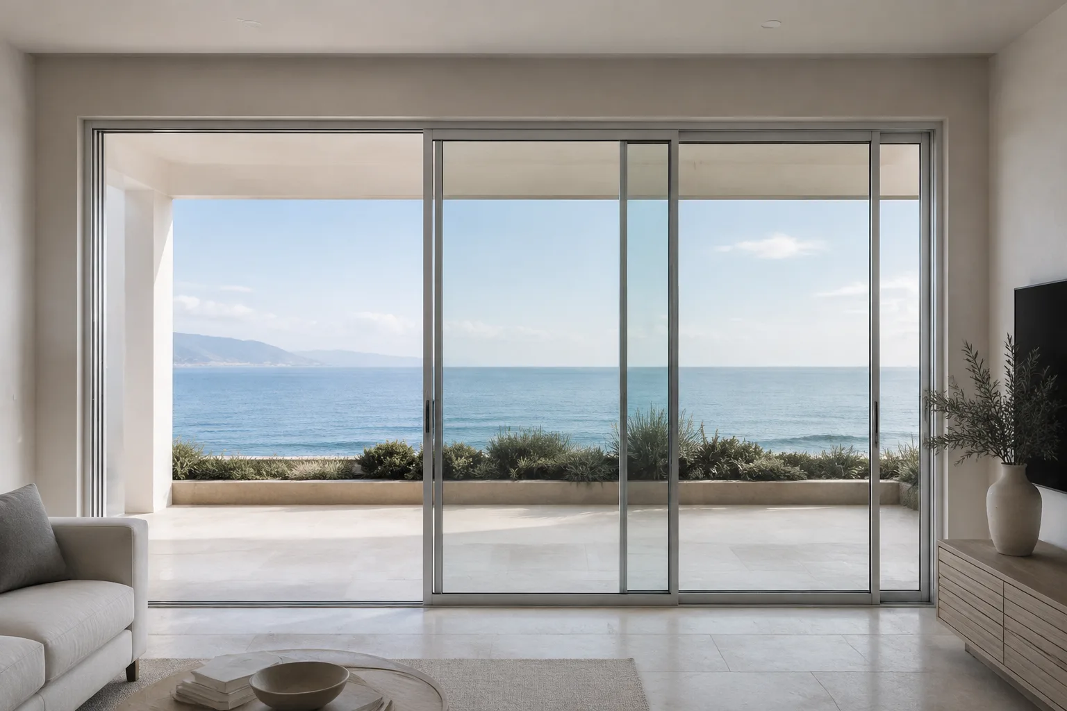 Light-framed sliding doors facing a sea-view terrace, with an opening on the left and the panels and floor tracks visible
