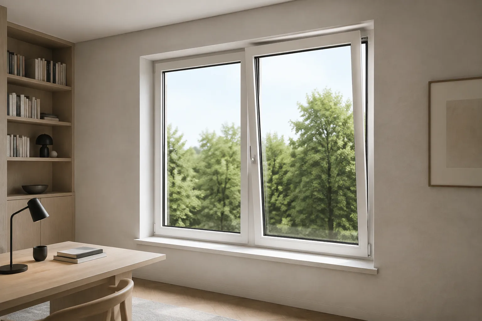 White two-part window beside a desk, with the top of the right sash tilted inward and leafy trees outside