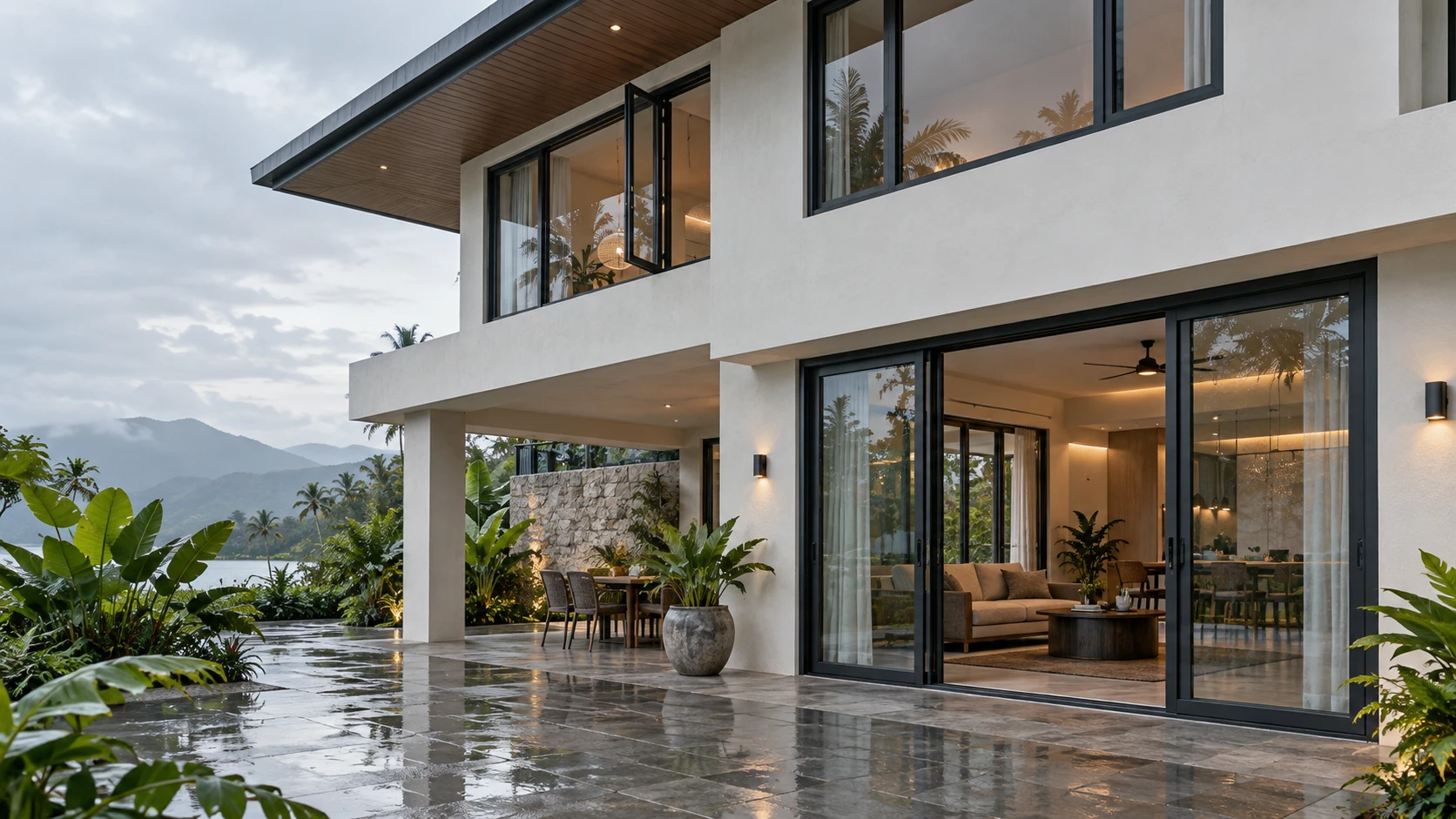 Illustrative tropical residence with upper-floor windows, wide glazed ground-floor doors and a rain-wet terrace.