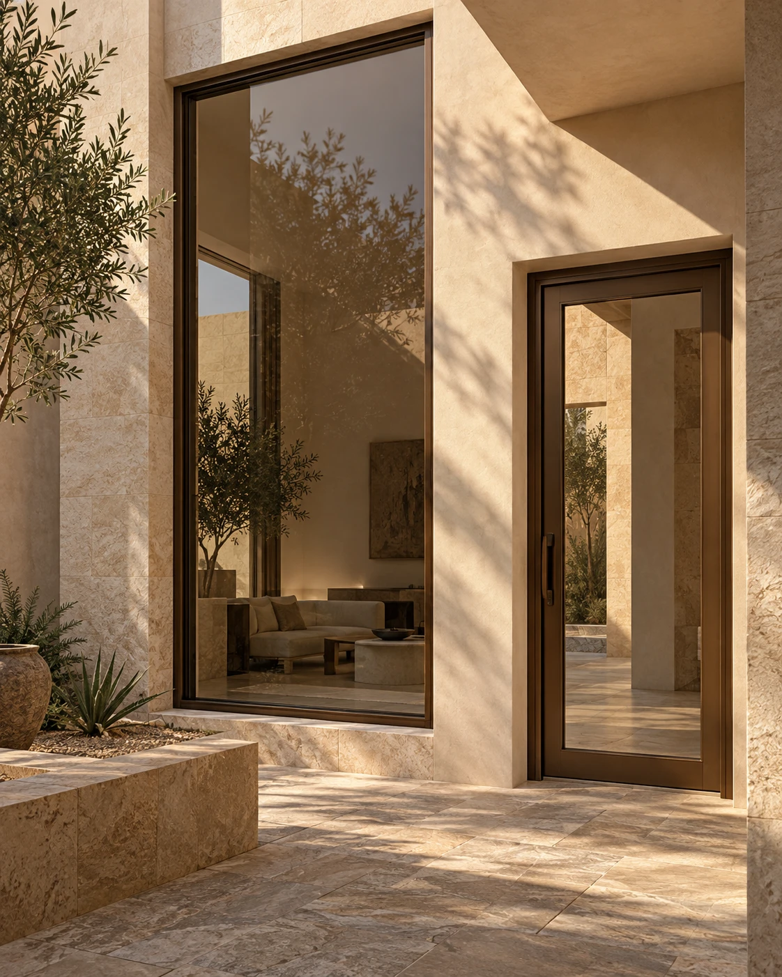 Conceptual warm stone courtyard with bronze-toned aluminium window and glazed door in afternoon light.