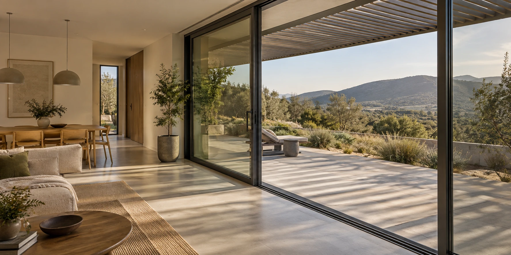 Illustrative living room with large glazed doors opening to a shaded courtyard terrace and planted landscape.