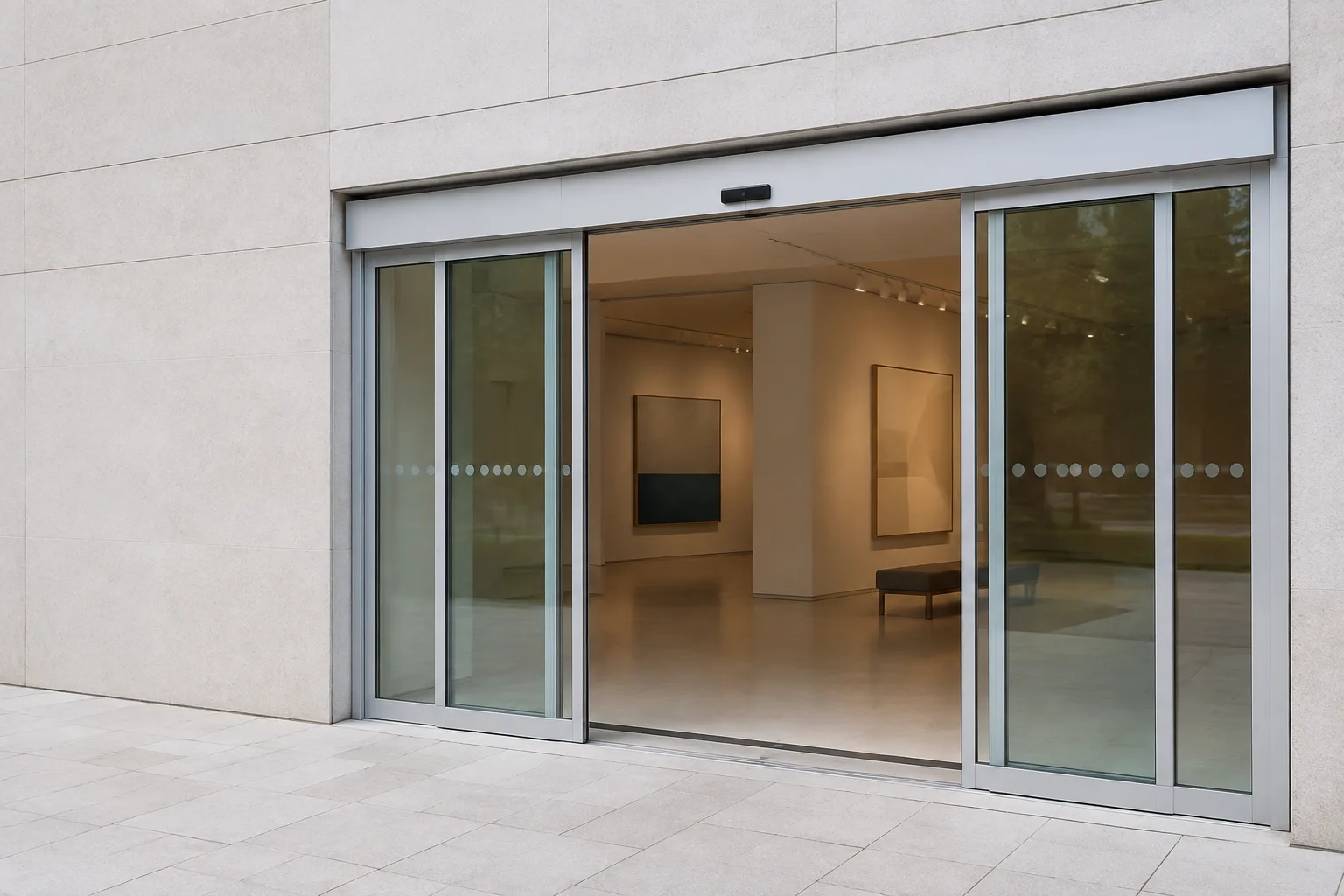Silver automatic bi-parting glazed entrance with overhead operator and an open center passage
