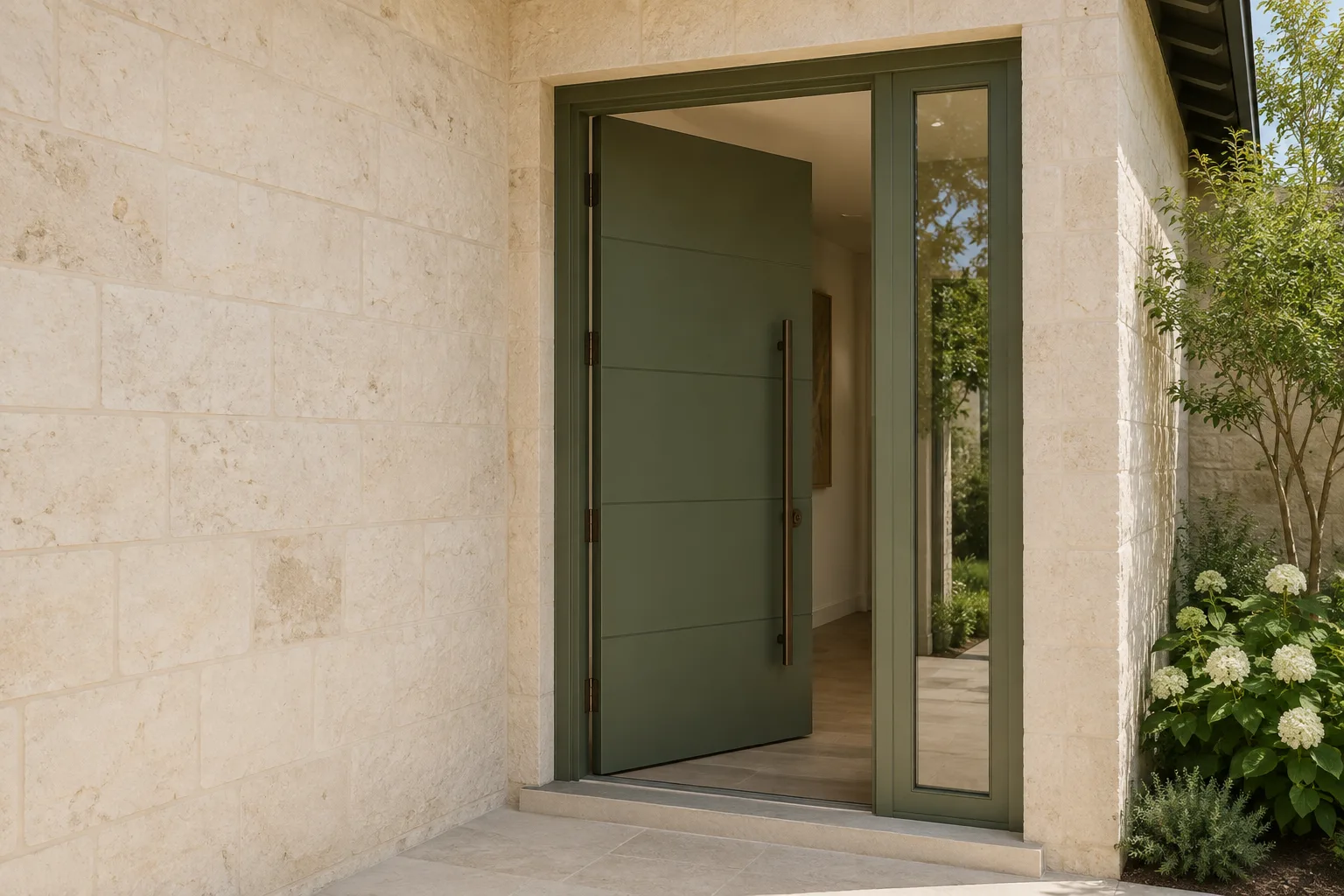 Sage green side-hinged aluminum entrance door beside a fixed glazed sidelight