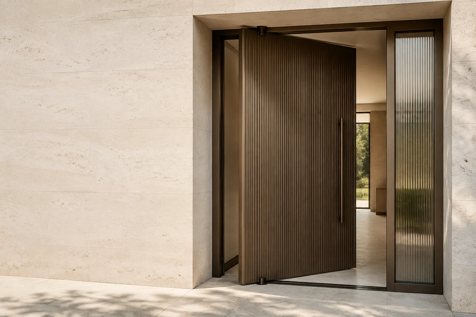 Ribbed bronze aluminum pivot entrance door with visible top and bottom offset pivots