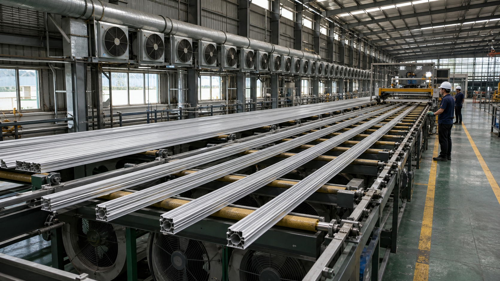 Aluminium profiles on a post-extrusion handling and cooling line