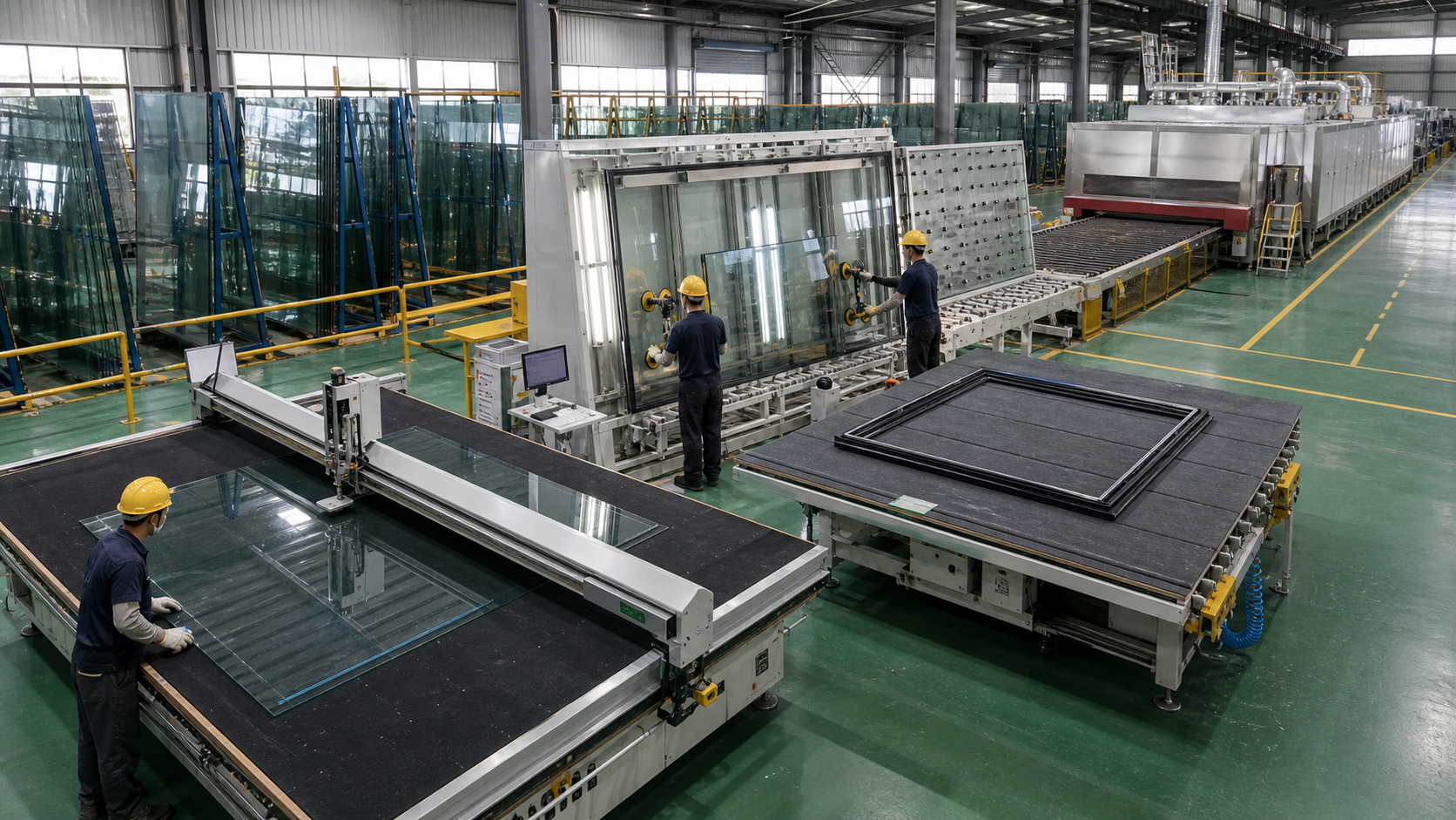 Separate factory zones for glass cutting, tempering and insulated glass production