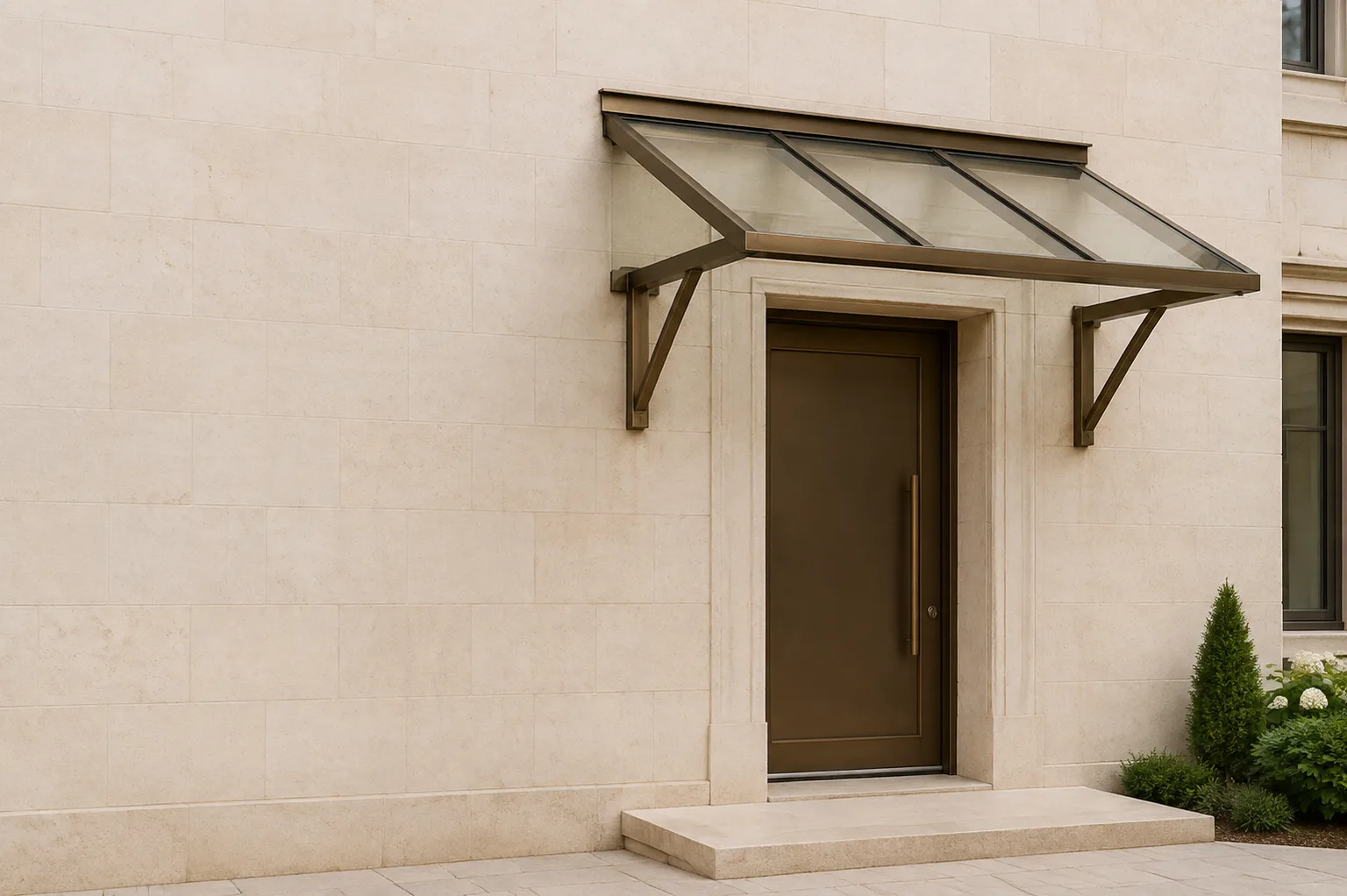Bronze aluminum-framed glass canopy on wall-mounted triangular brackets above an entrance, with open sides and a pale stone wall