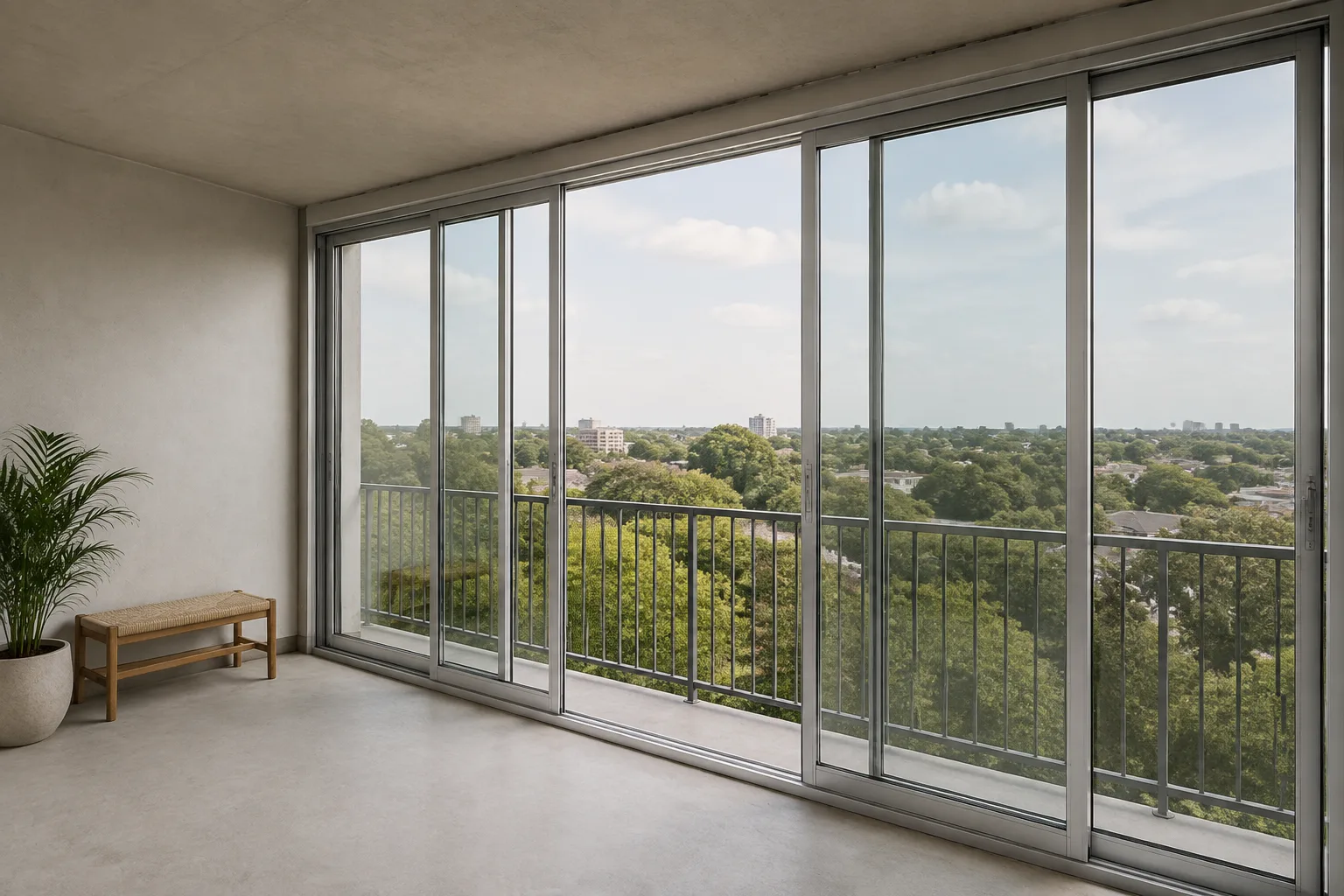 Silver aluminum sliding balcony enclosure beneath a solid ceiling, with floor tracks and an independent guardrail outside