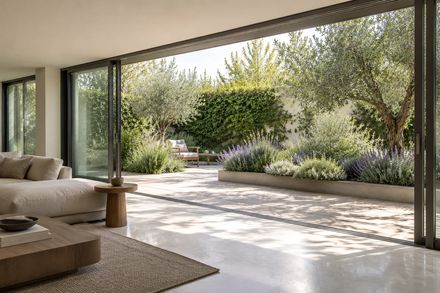 Architectural concept: modern living space opening to a private garden through aluminum sliding glass doors