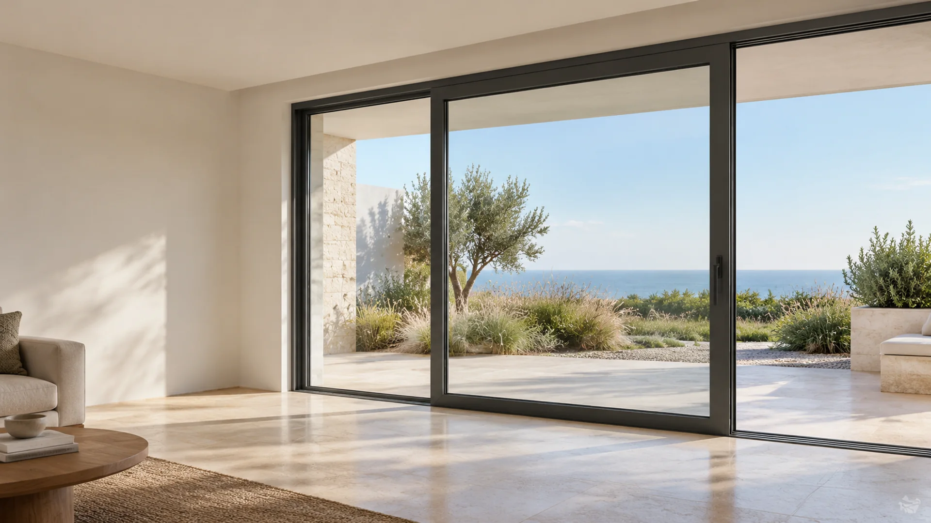 Architectural illustration of a modern interior and garden connected by aluminum glazing