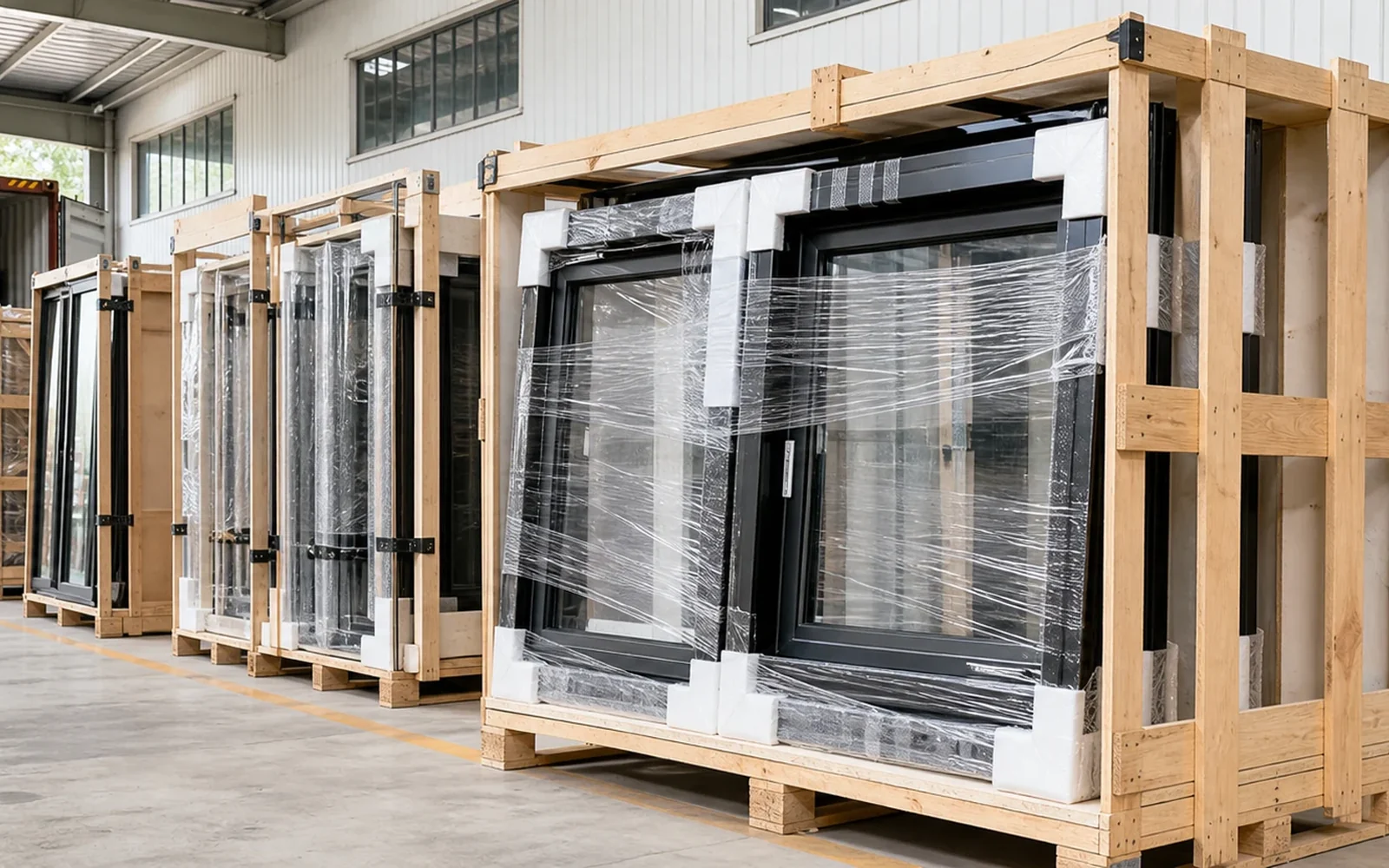 Aluminium windows and doors packed in wooden crates for export