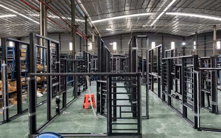 Aluminium frames arranged in an assembly area