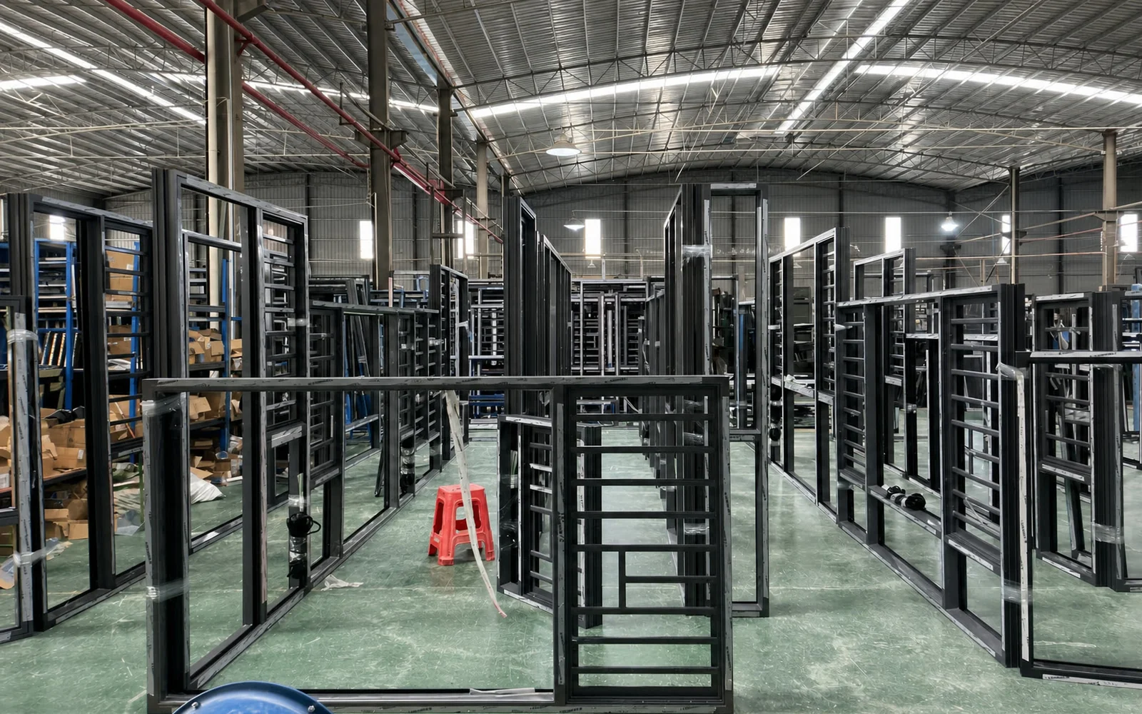 Workers loading aluminum window and door units into a truck for export packing