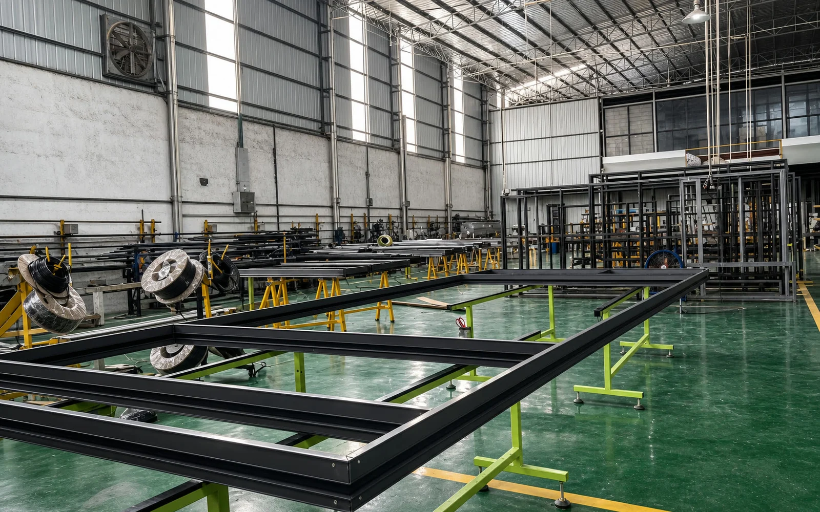 Worker processing aluminum profiles on workshop equipment