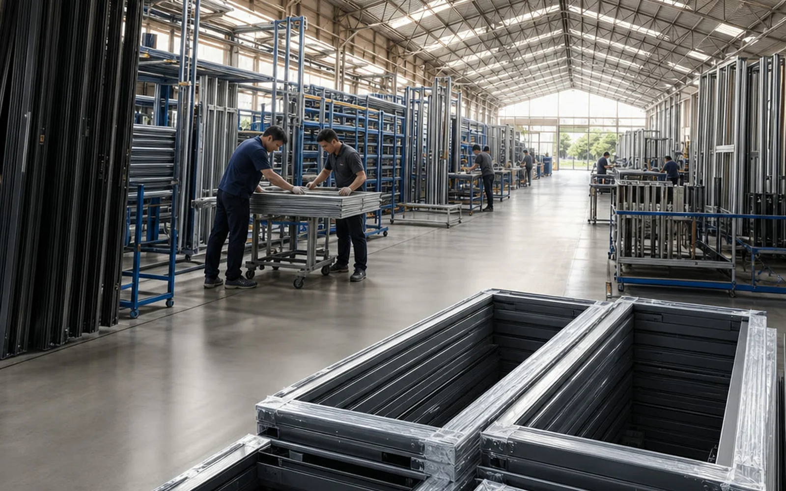 Aluminium window factory review with black frames in production