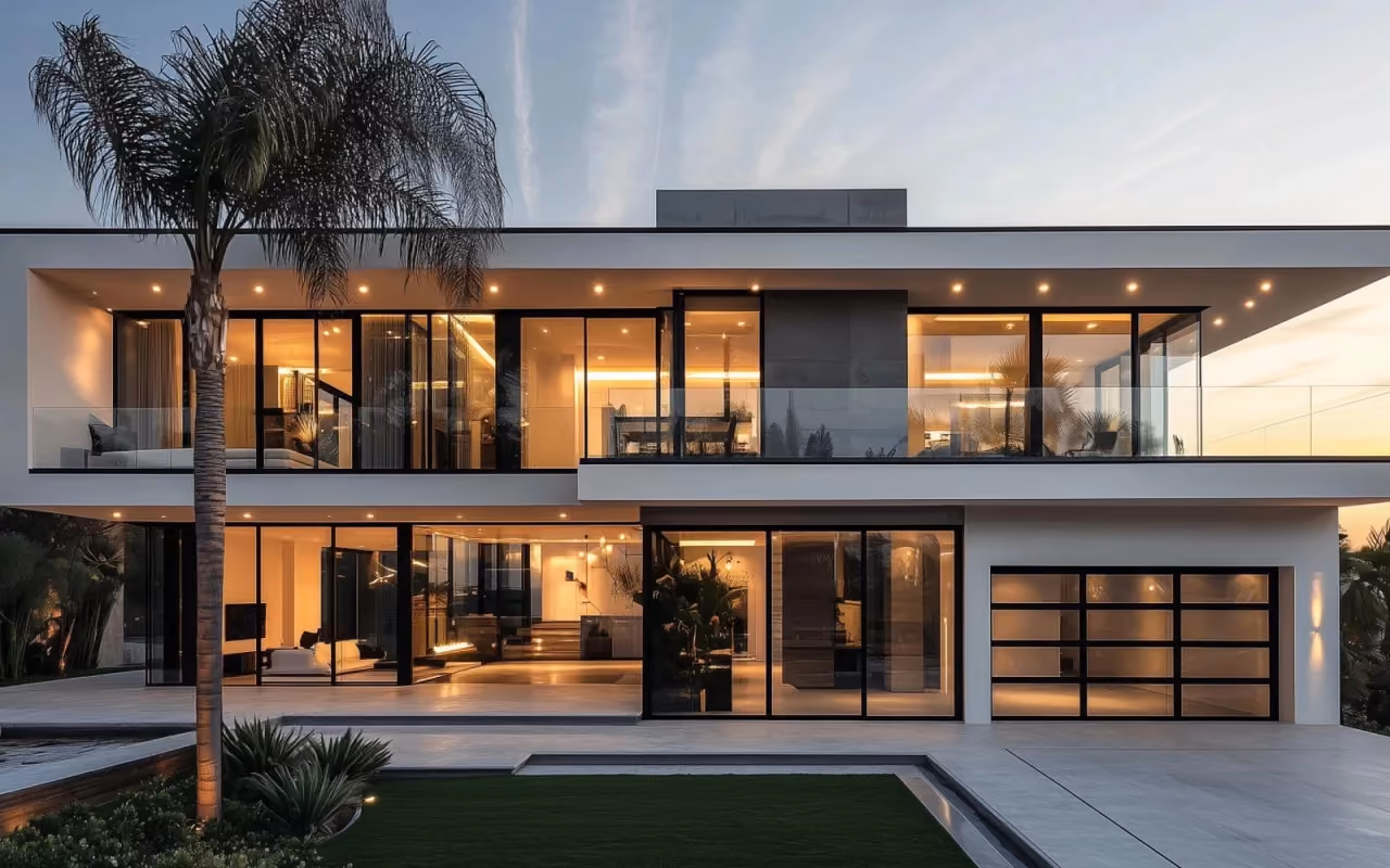 Modern villa exterior with black aluminium windows and sliding doors