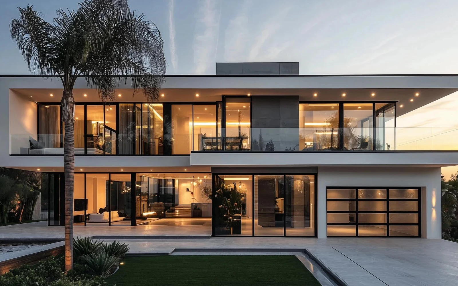 Modern villa exterior with black aluminium windows and sliding doors