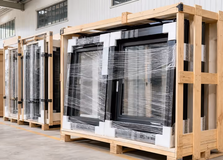 Packed aluminium windows and doors ready for export