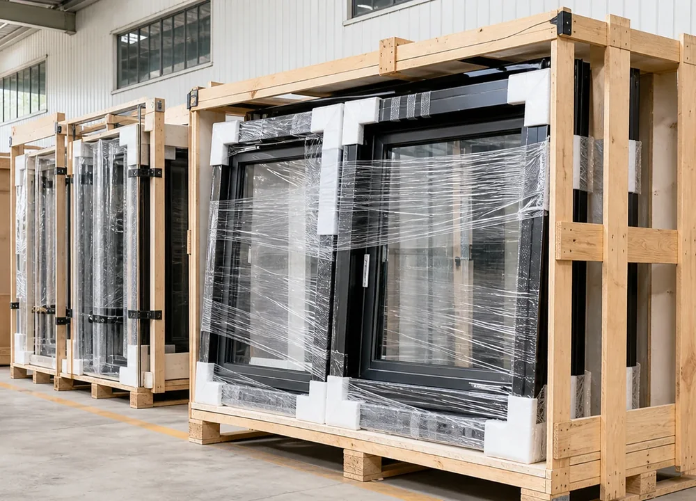 Packed aluminium windows and doors ready for export