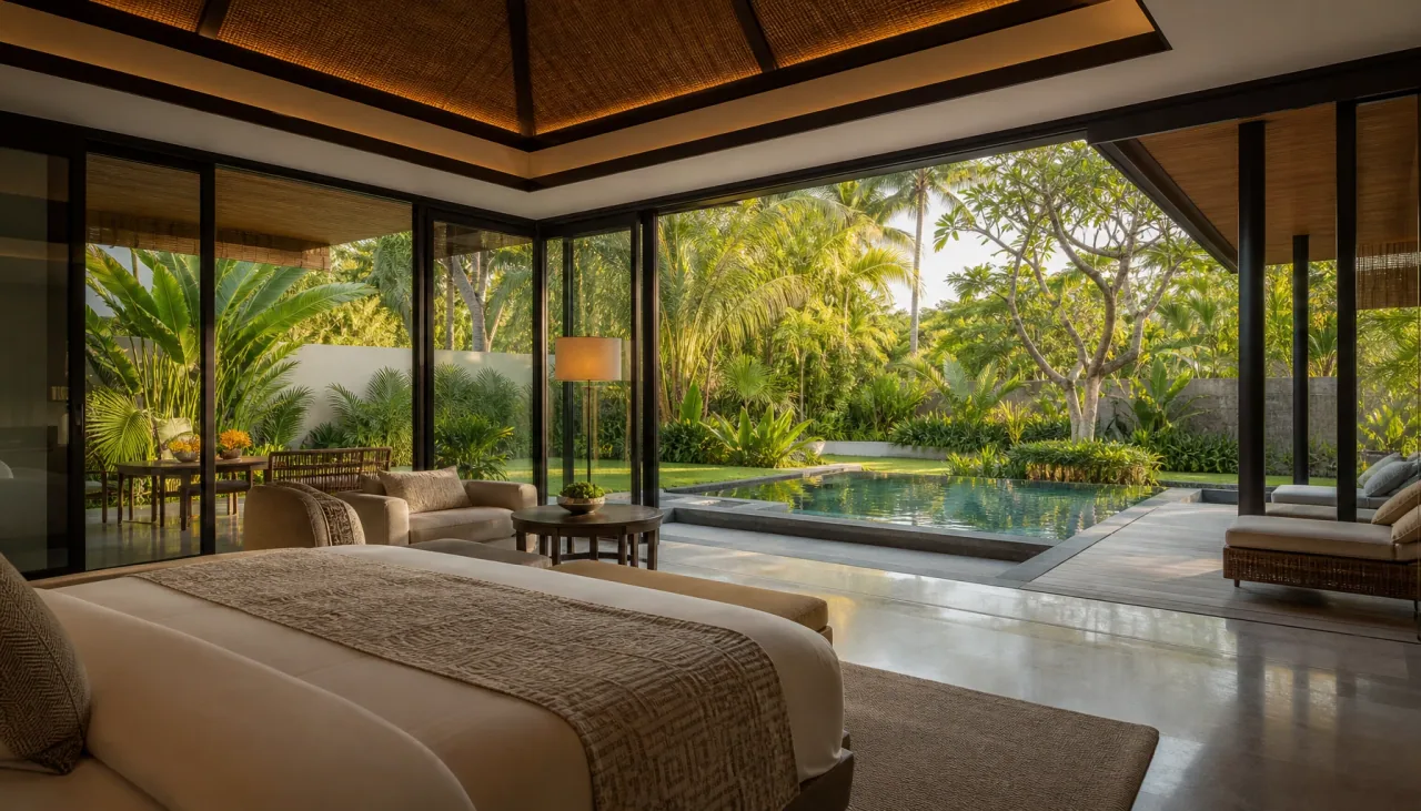 Guest-room style interior with large glazing facing a garden and pool