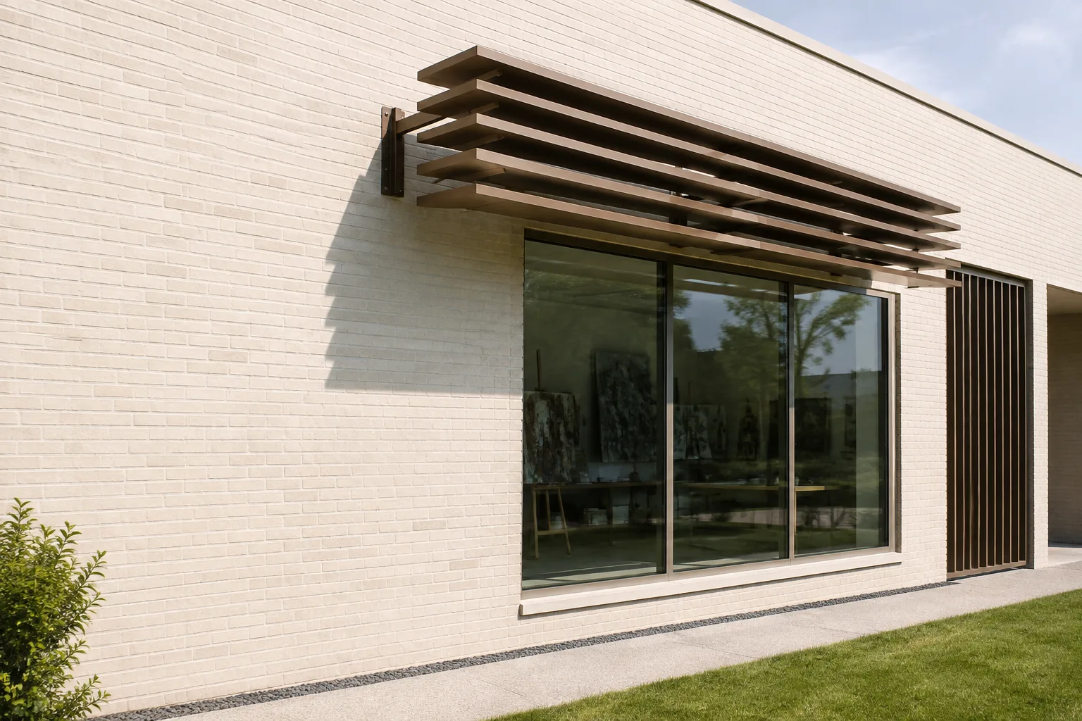 Bronze horizontal exterior sunshade above glazing and a separate vertical grille beside it; AI-generated concept