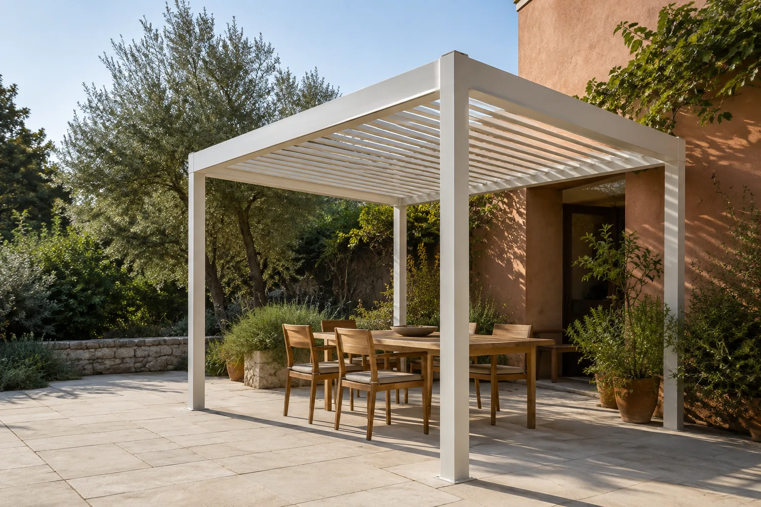 White aluminum pergola with spaced fixed roof slats and four posts around an outdoor dining table; AI-generated concept