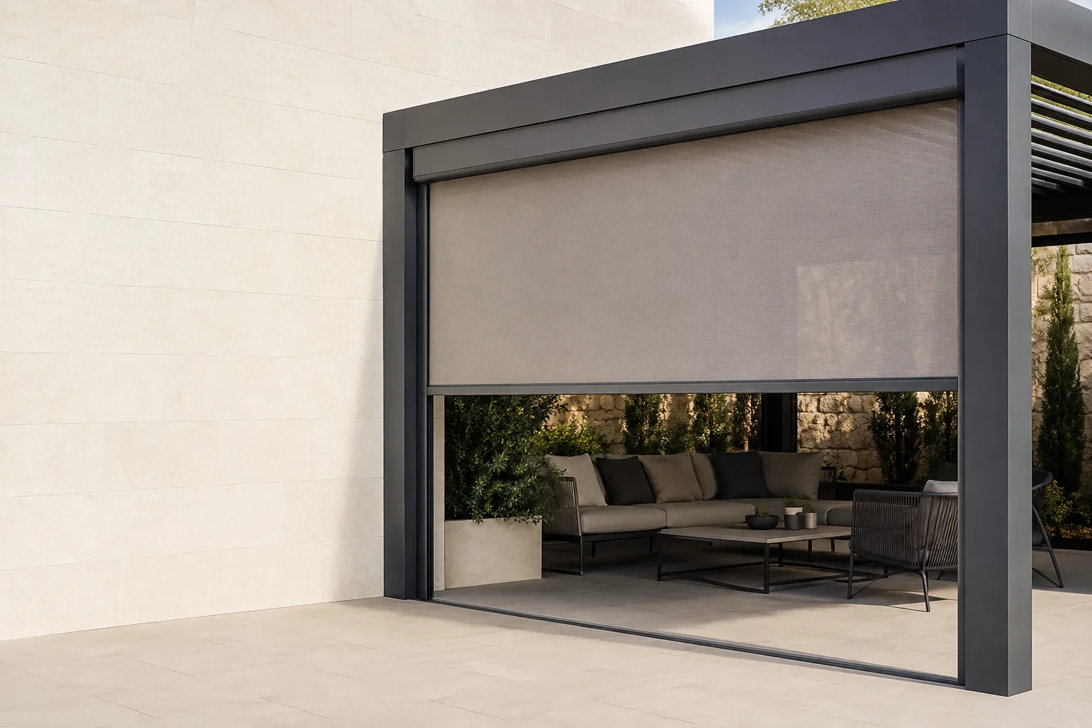 Partly lowered mesh roller screen with a headbox and side guides in a graphite pergola bay; AI-generated concept