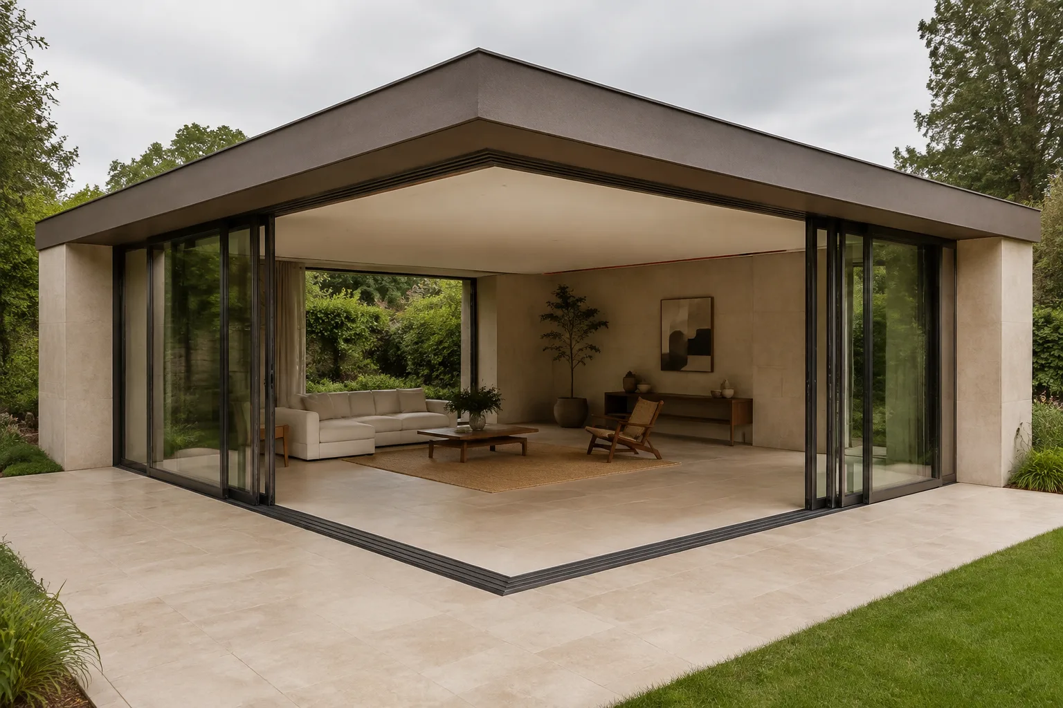 Scene illustration of sliding glass door panels on two perpendicular sides drawn away from their shared corner