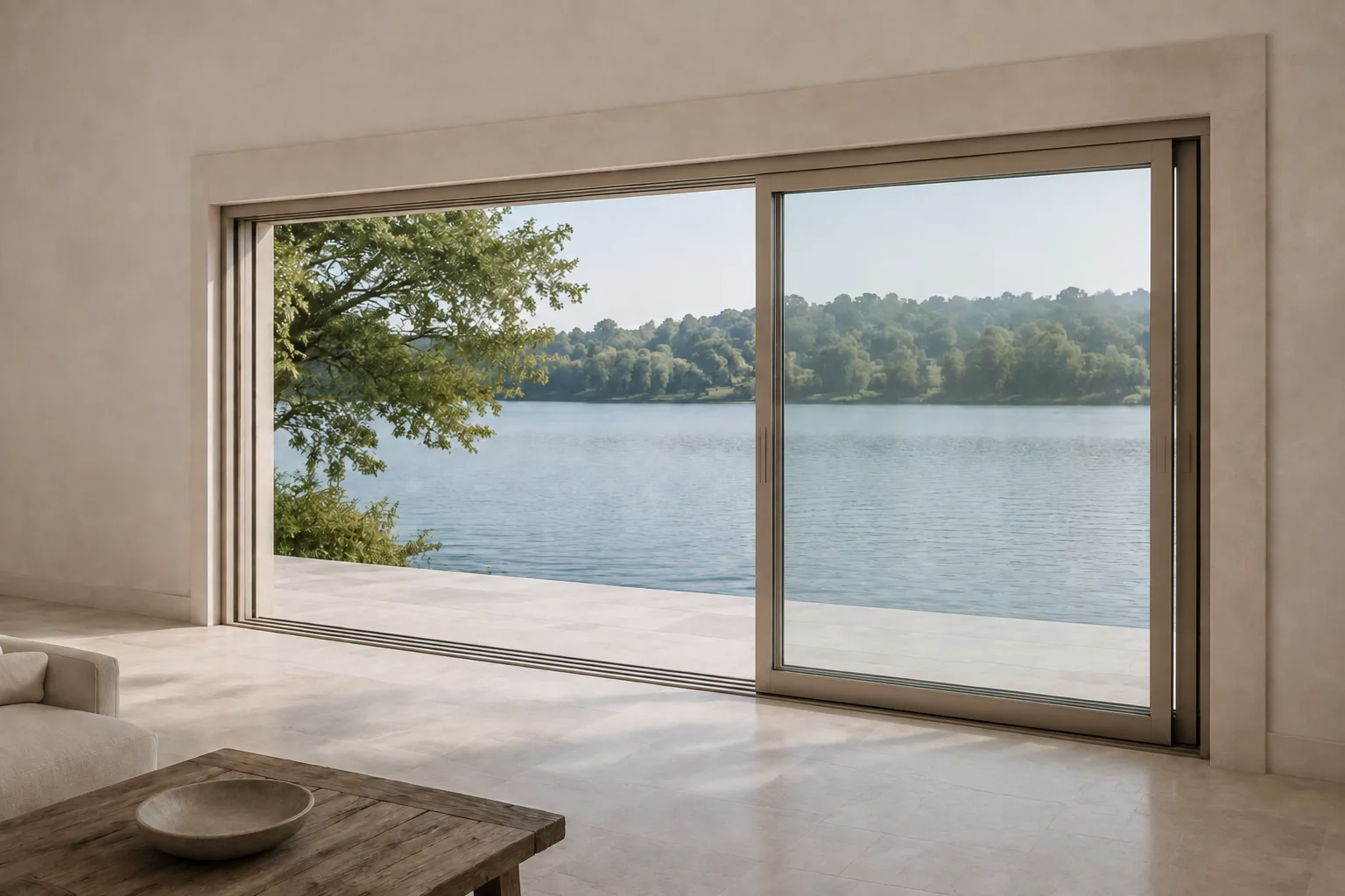 Scene illustration of wide sliding glass panels overlapped at the right side, with a clear passage on the left and parallel floor tracks