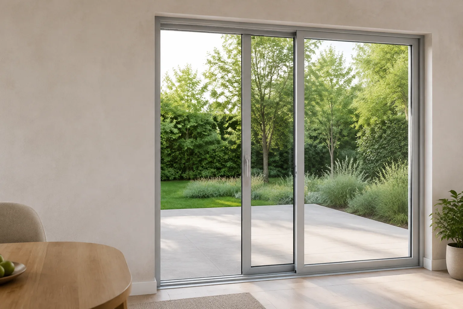 Scene illustration of a two-track sliding door with one fixed glass panel and one partly open moving panel
