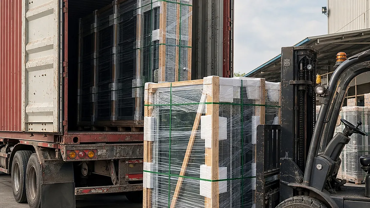 Protected aluminium window crates being loaded for export