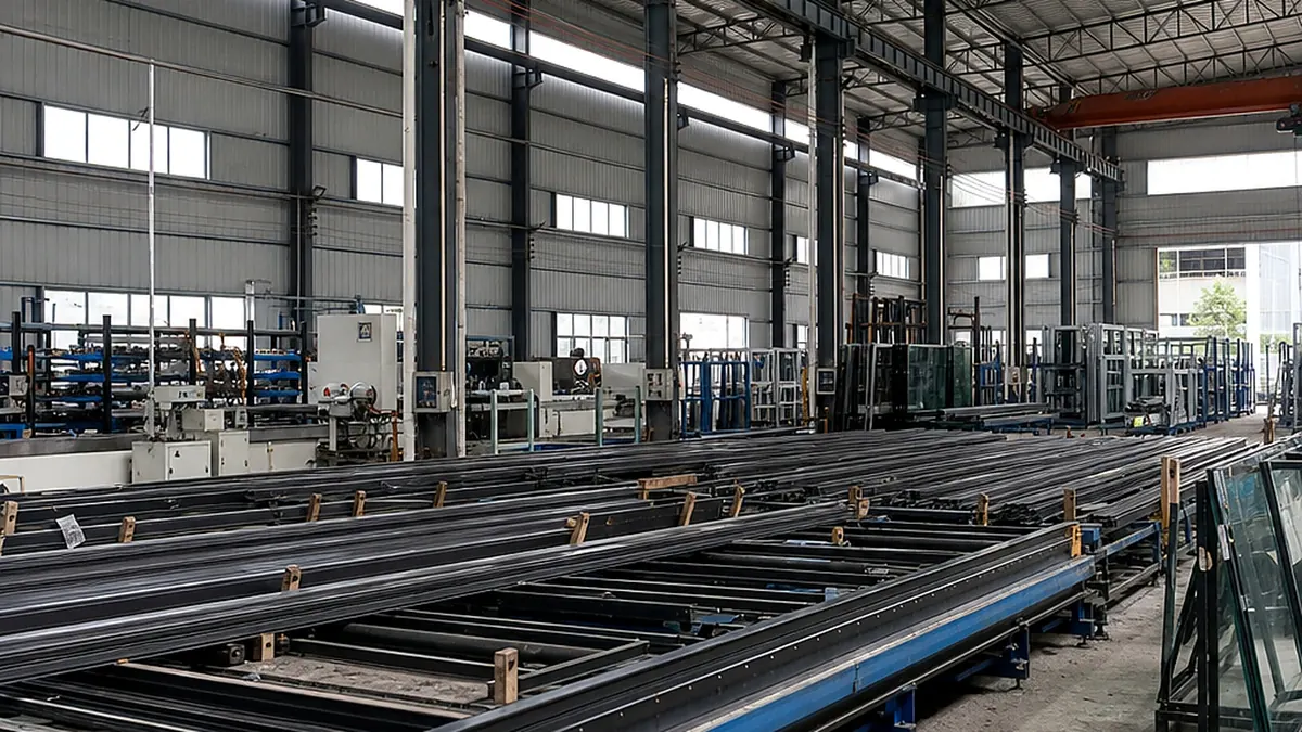 Aluminum window profile processing and frame assembly in a production workshop