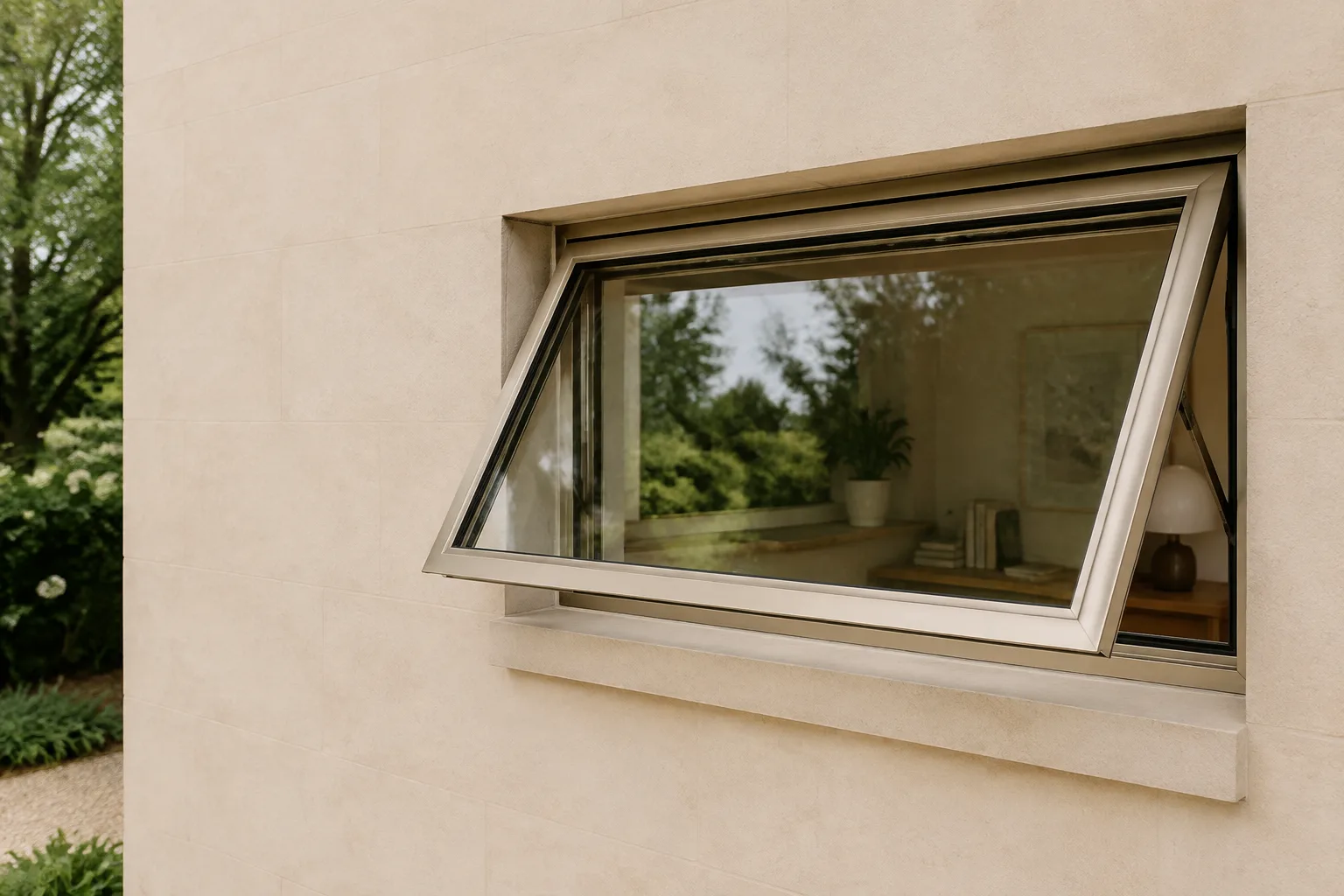 Illustration of a champagne-coloured top-hung window projecting outward from a pale stone wall, with the side opening and stay visible