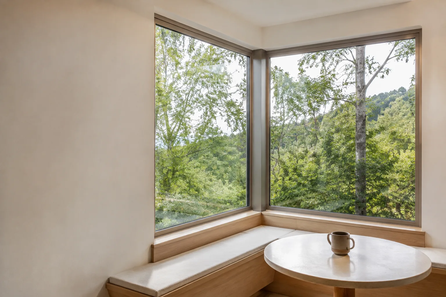 Illustration of two perpendicular fixed aluminium windows joined by a visible corner post beside a bench and small table
